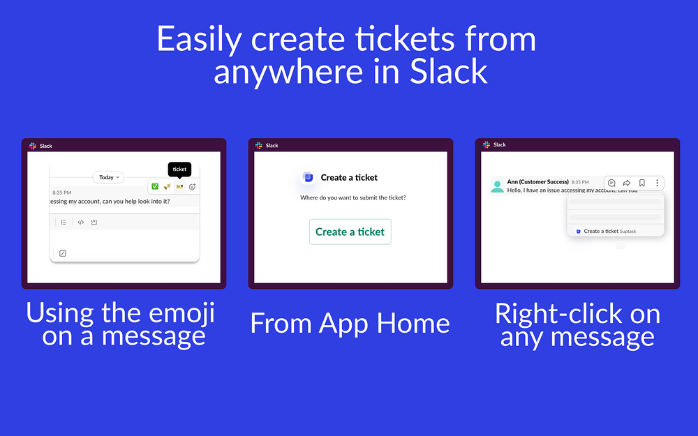Suptask dashboard view — Customer Support app on the Slack Marketplace