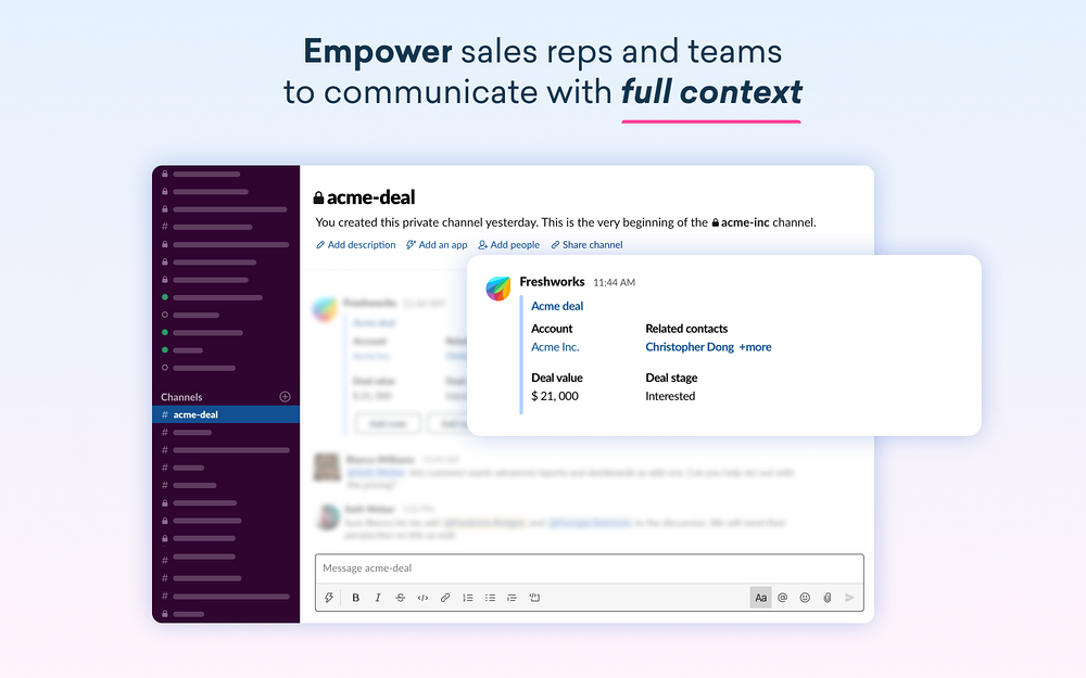 Freshworks primary marketing image — Sales app on the Slack Marketplace