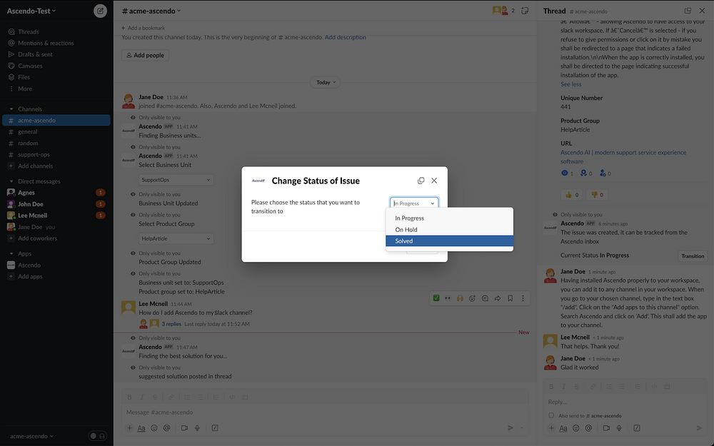 Ascendo settings interface — Analytics app on the Slack Marketplace