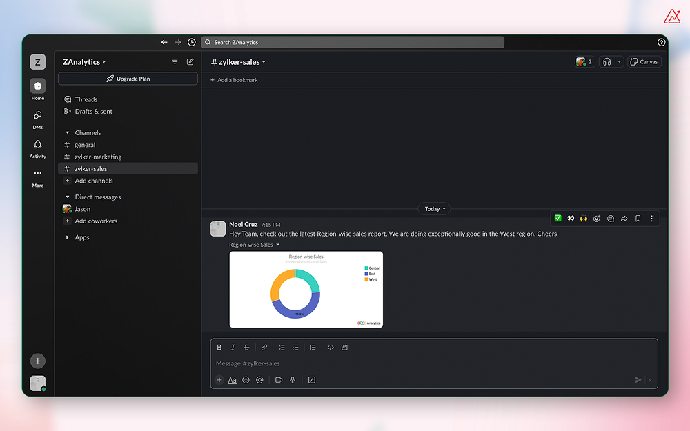Zoho Analytics settings interface — Marketing app on the Slack Marketplace