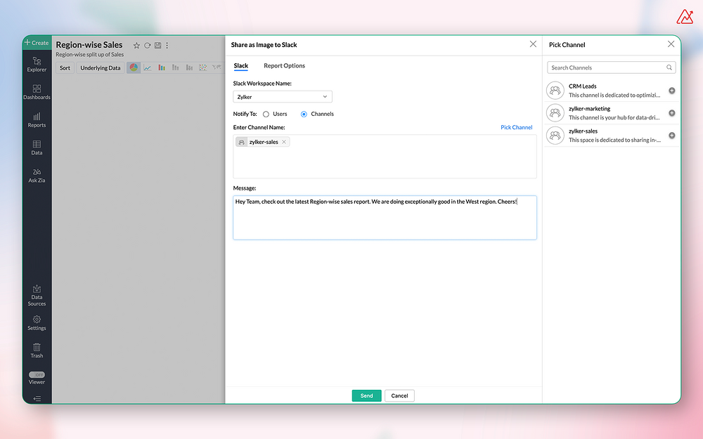 Zoho Analytics dashboard view — Marketing app on the Slack Marketplace