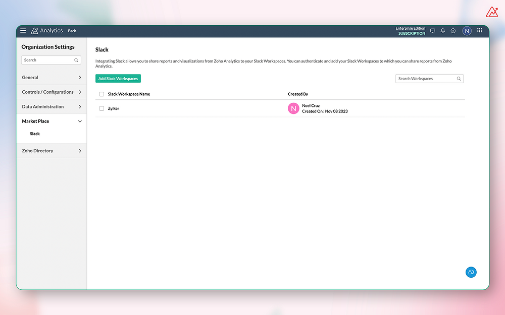 Zoho Analytics feature detail — Marketing app on the Slack Marketplace