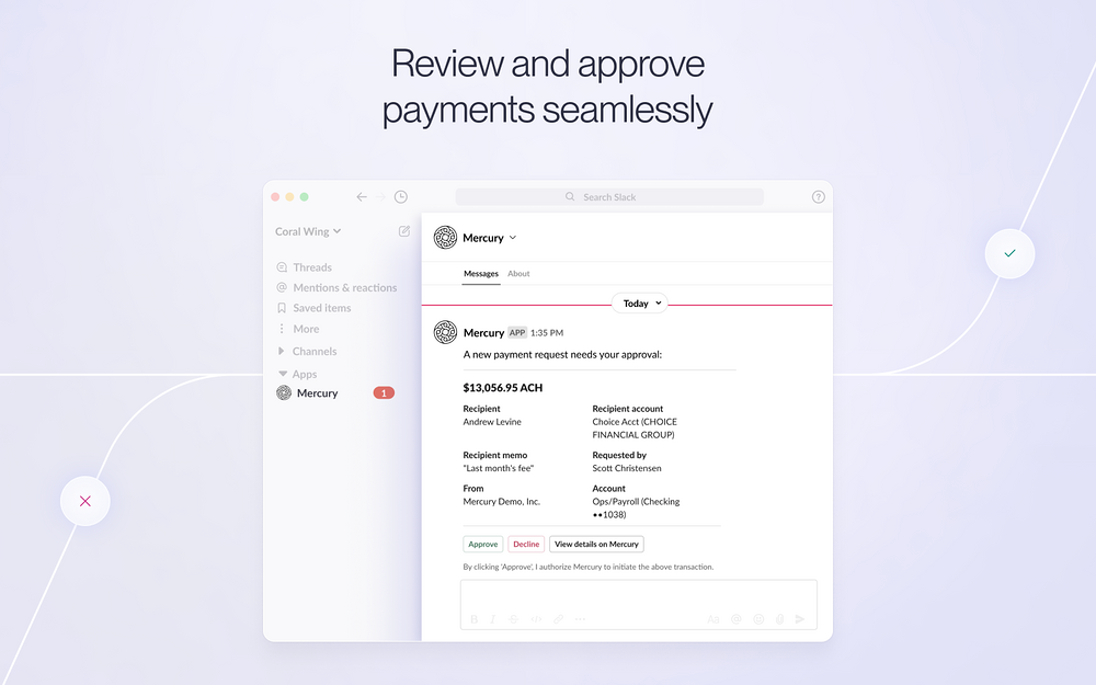 Mercury dashboard view — Finance app on the Slack Marketplace