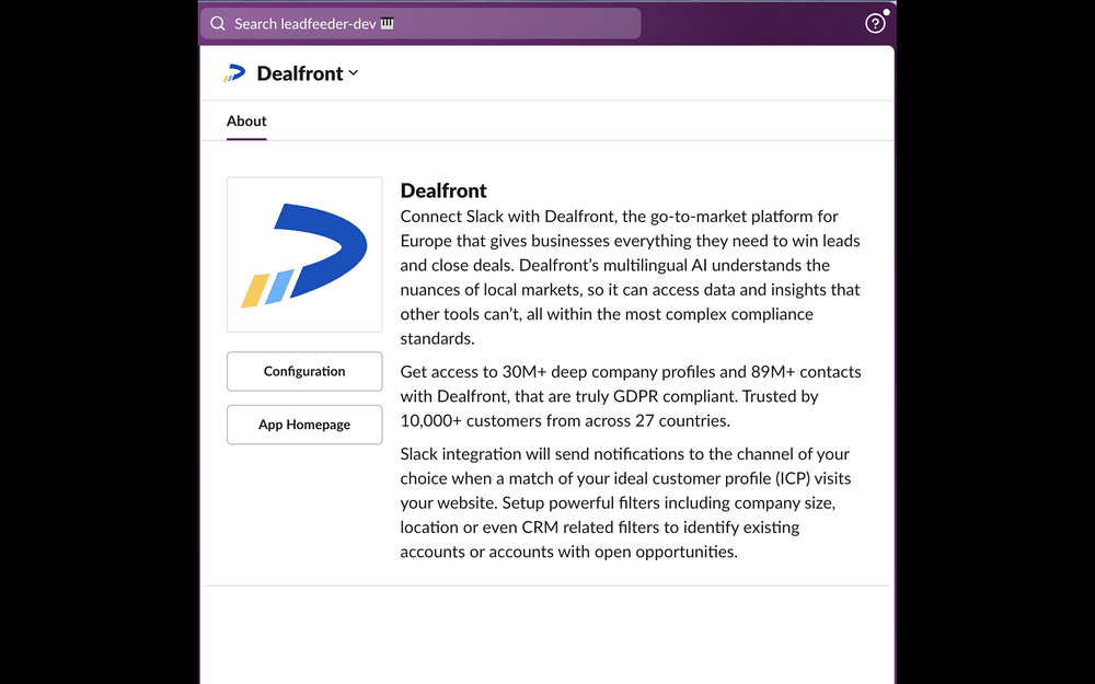 Leadfeeder by Dealfront settings interface — Marketing app on the Slack Marketplace