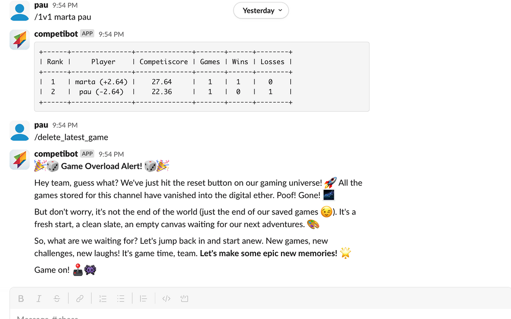 competibot dashboard view — Health & Wellness app on the Slack Marketplace