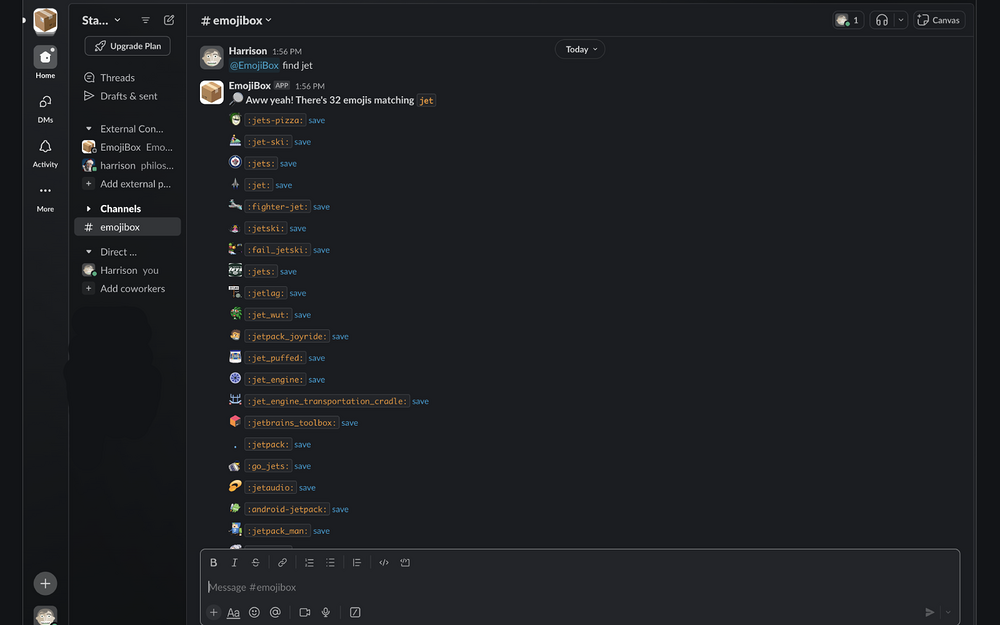 EmojiBox dashboard view — Social & Fun app on the Slack Marketplace