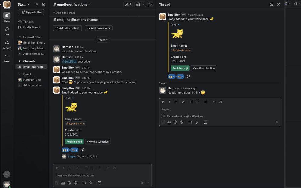 EmojiBox settings interface — Social & Fun app on the Slack Marketplace