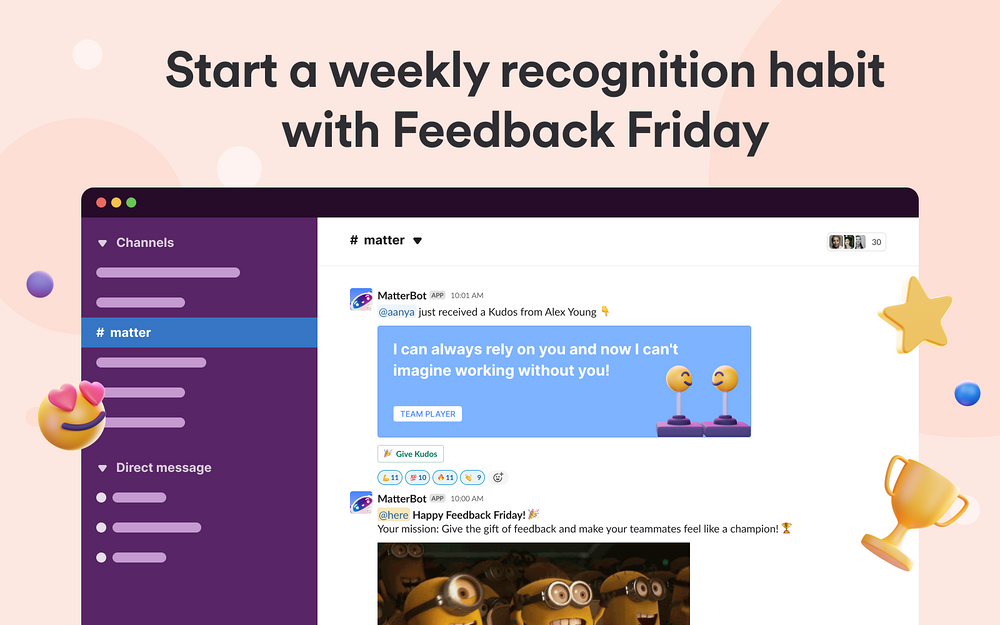 Matter: Recognition & Rewards dashboard view — Working from home app on the Slack Marketplace