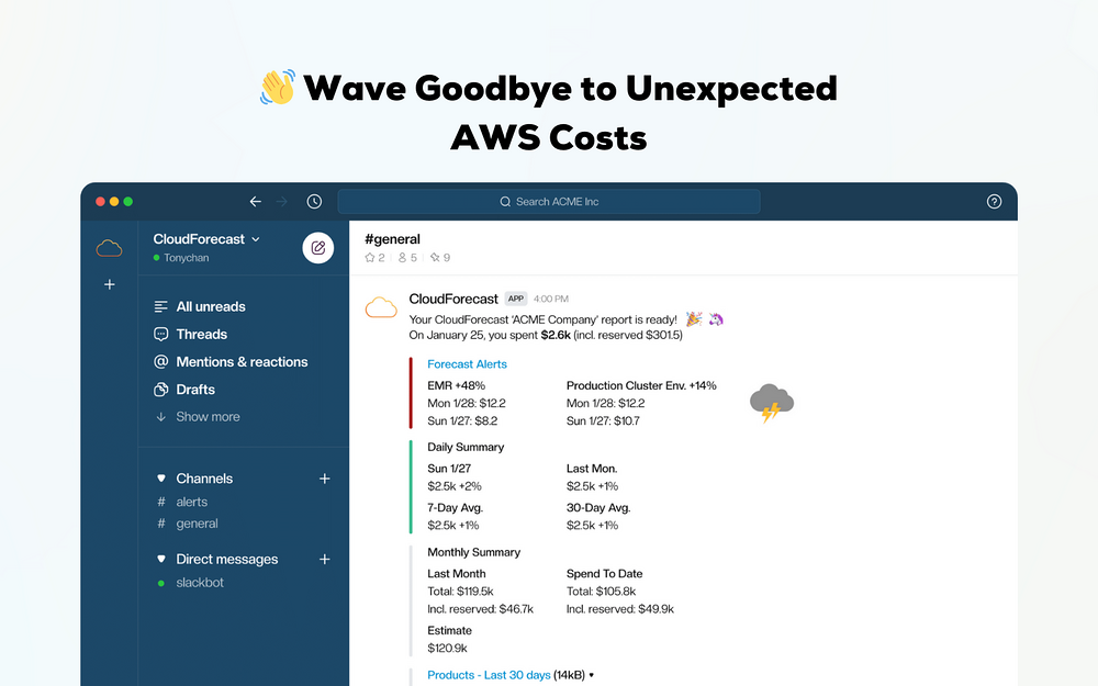 CloudForecast primary marketing image — Finance app on the Slack Marketplace