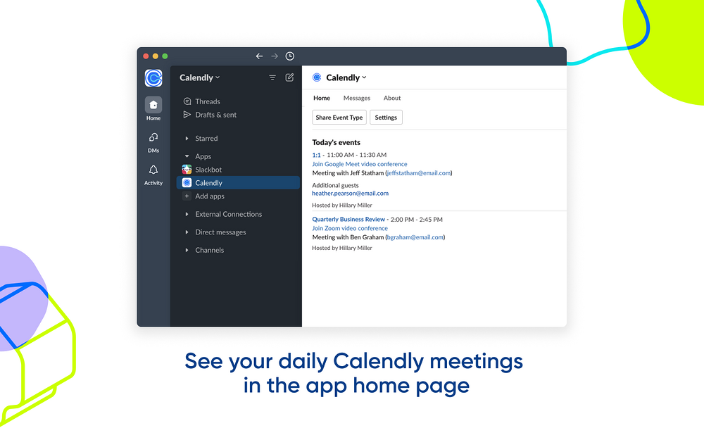 Calendly dashboard view — Office Management app on the Slack Marketplace