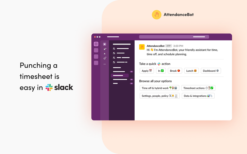 AttendanceBot – PTO & Time Tracking feature detail — Brilliant Bots app on the Slack Marketplace