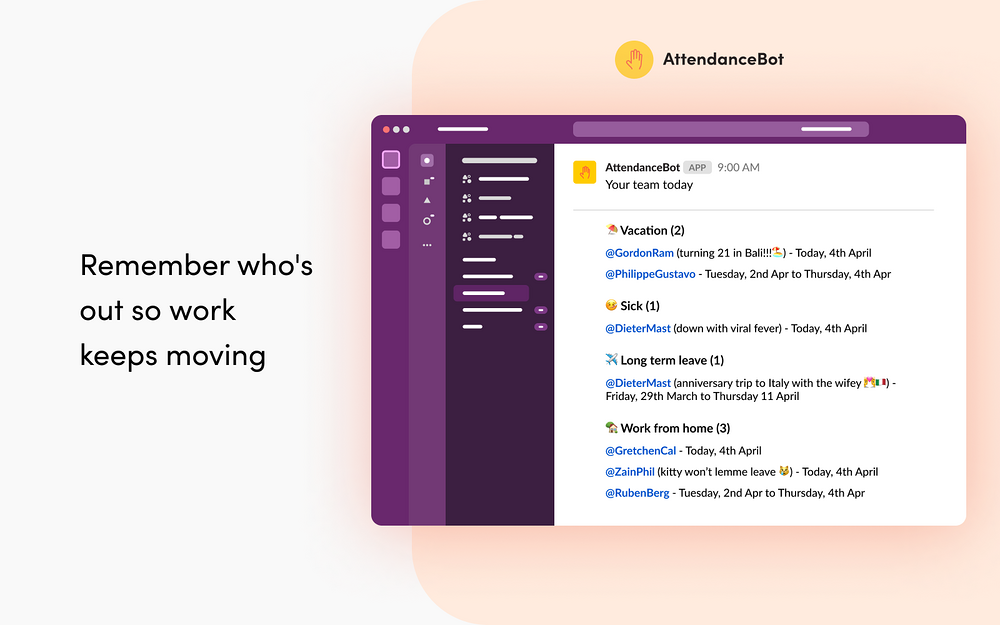 AttendanceBot – PTO & Time Tracking mobile preview — Brilliant Bots app on the Slack Marketplace