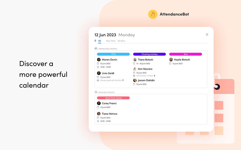 AttendanceBot – PTO & Time Tracking dashboard view — Brilliant Bots app on the Slack Marketplace