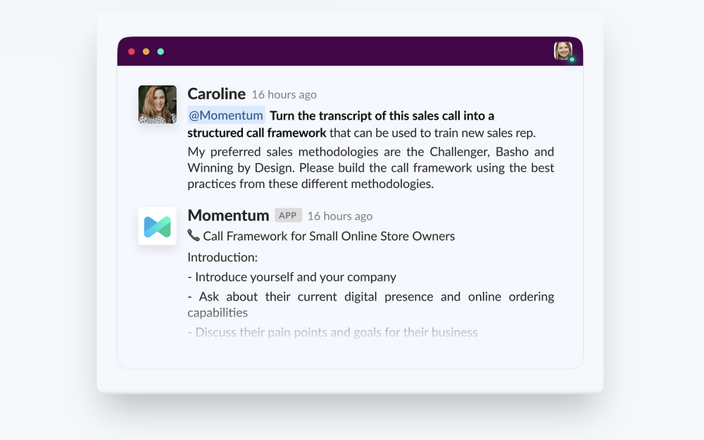 Momentum settings interface — Sales app on the Slack Marketplace