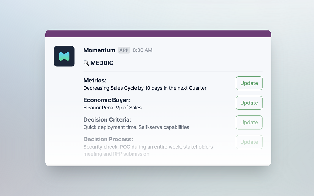 Momentum dashboard view — Sales app on the Slack Marketplace