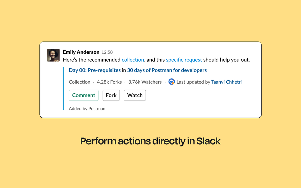 Postman dashboard view — Developer Tools app on the Slack Marketplace