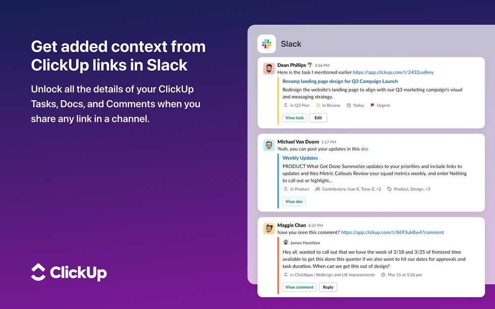 ClickUp dashboard view — Developer Tools app on the Slack Marketplace
