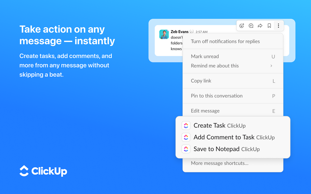 ClickUp feature detail — Developer Tools app on the Slack Marketplace
