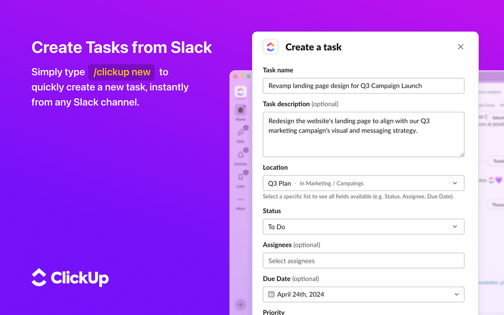 ClickUp primary marketing image — Developer Tools app on the Slack Marketplace