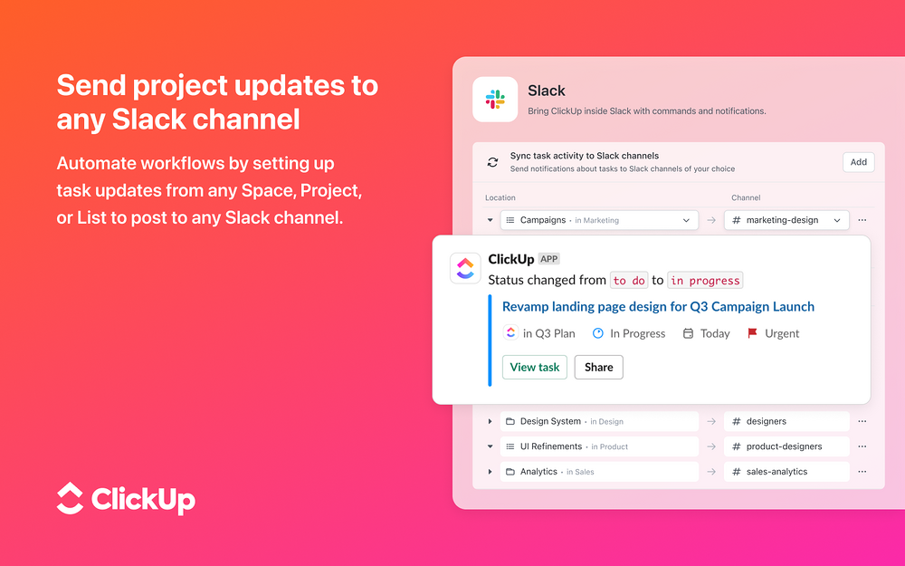 ClickUp settings interface — Developer Tools app on the Slack Marketplace