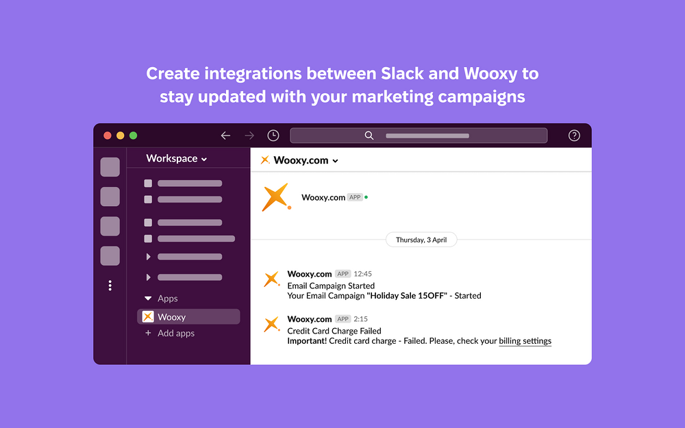 Wooxy dashboard view — Marketing app on the Slack Marketplace