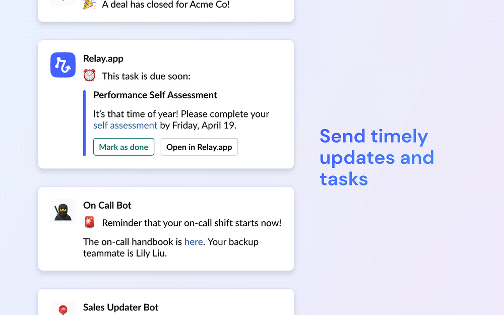 Relay.app settings interface — Sales app on the Slack Marketplace