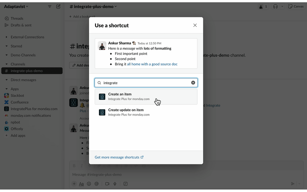 Integrate Plus for monday.com settings interface — Project Management app on the Slack Marketplace