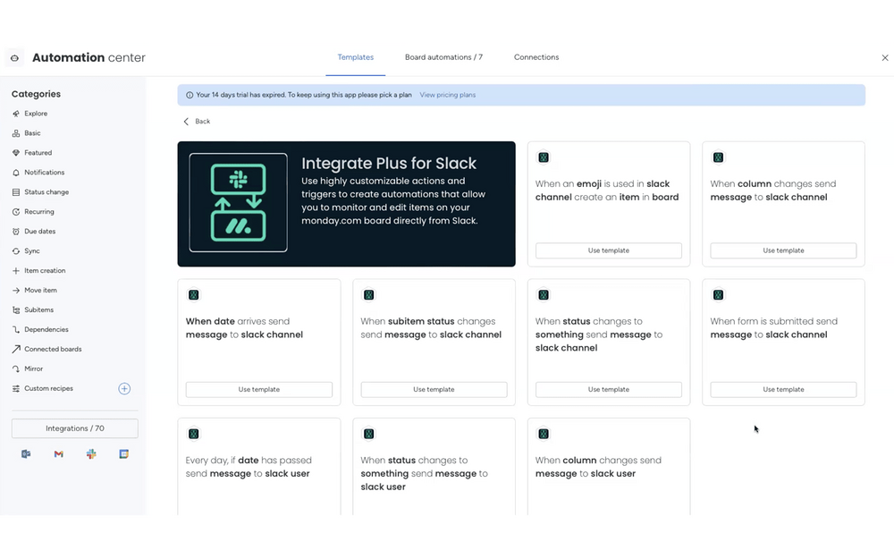 Integrate Plus for monday.com mobile preview — Project Management app on the Slack Marketplace
