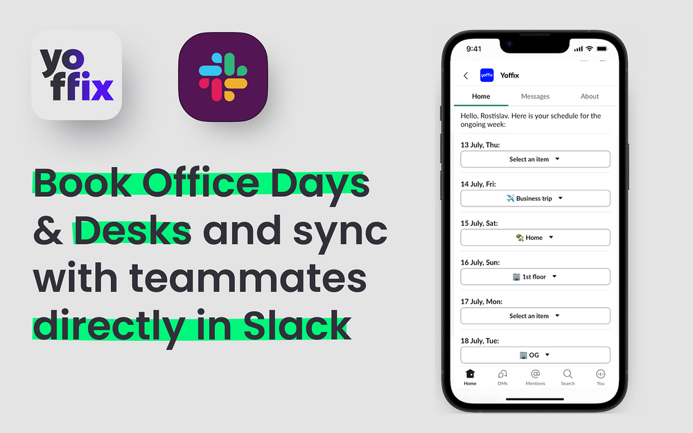 Yoffix Desk Booking & Office Management dashboard view — Office Management app on the Slack Marketplace