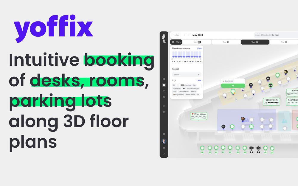 Yoffix Desk Booking & Office Management settings interface — Office Management app on the Slack Marketplace