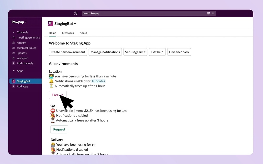 Staging dashboard view — Brilliant Bots app on the Slack Marketplace