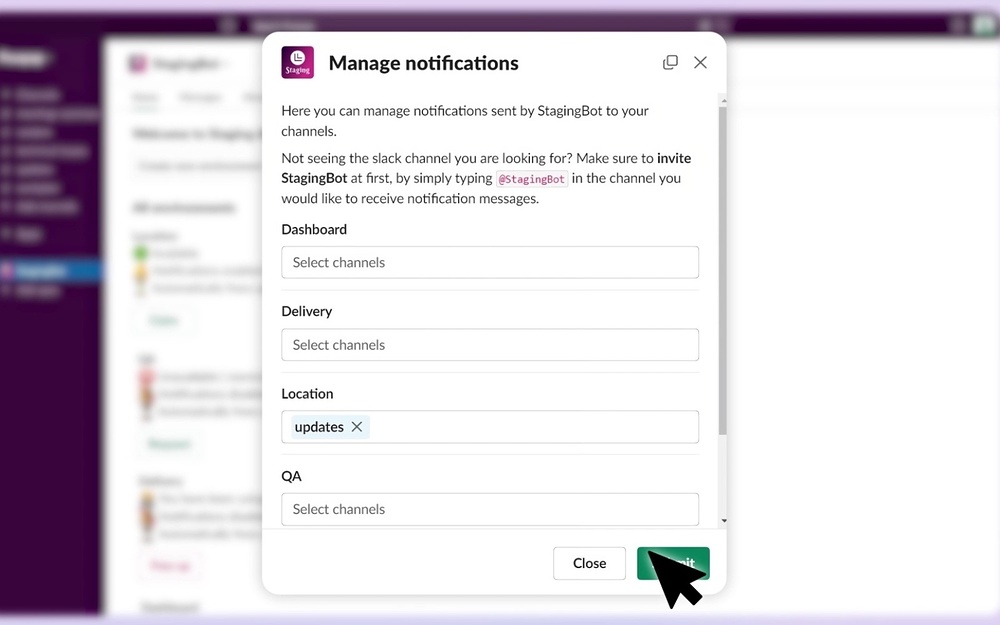 Staging settings interface — Brilliant Bots app on the Slack Marketplace
