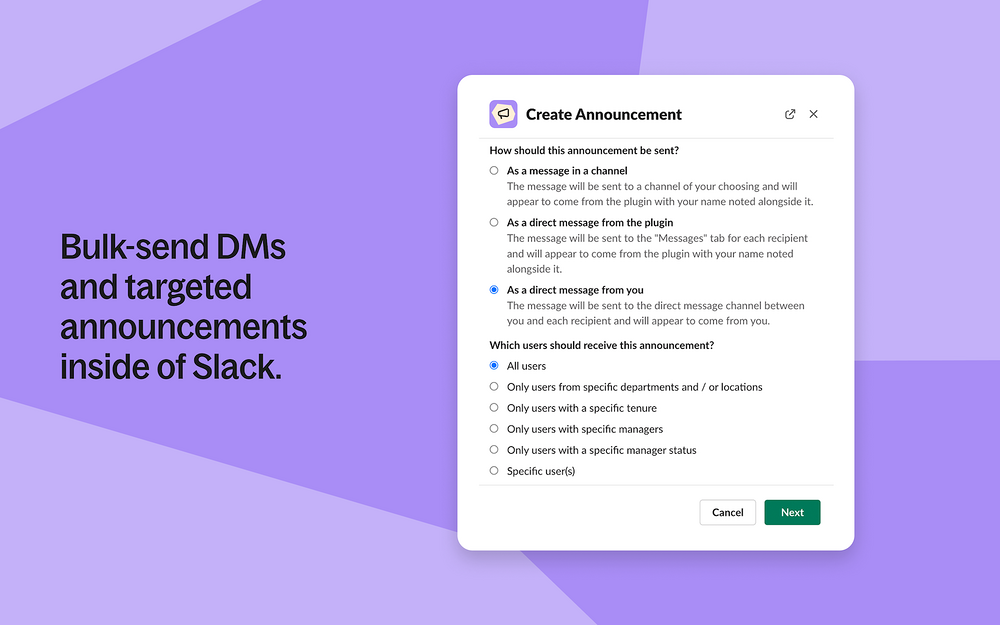 Announcements ⚡ by Deel feature detail — Office Management app on the Slack Marketplace