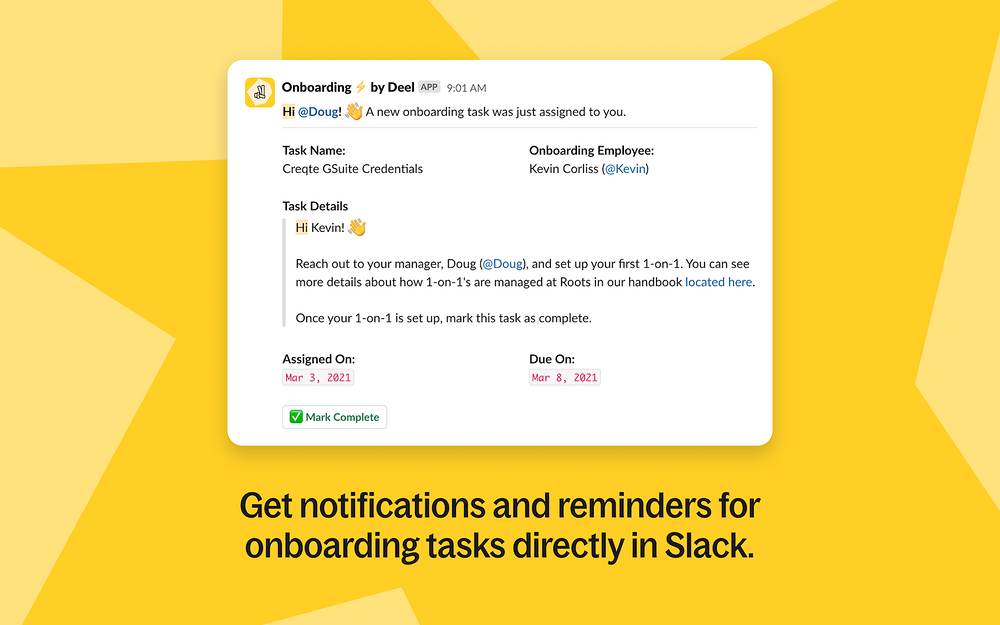 Onboarding ⚡ by Deel feature detail — Working from home app on the Slack Marketplace