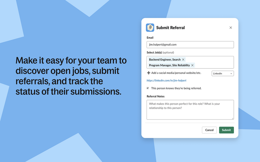 Referrals ⚡ by Deel dashboard view — HR & Team Culture app on the Slack Marketplace