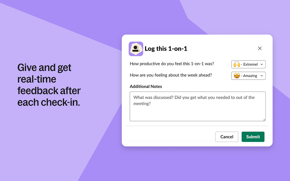 1-on-1s ⚡ by Deel dashboard view — Working from home app on the Slack Marketplace