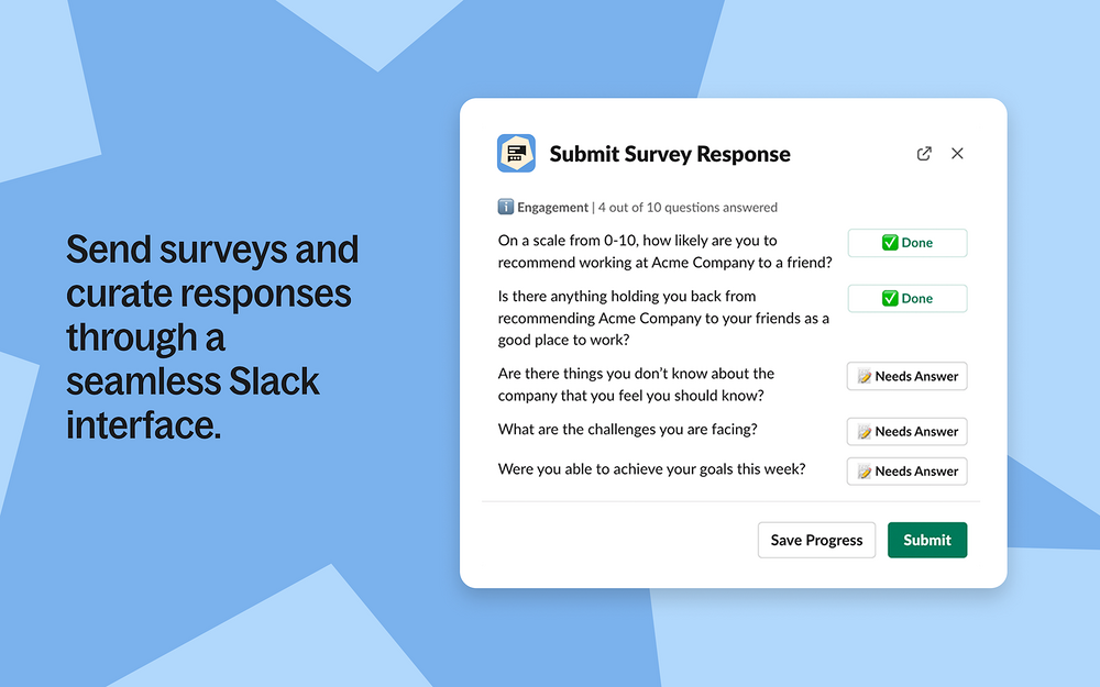 Pulse Surveys ⚡ by Deel dashboard view — Office Management app on the Slack Marketplace