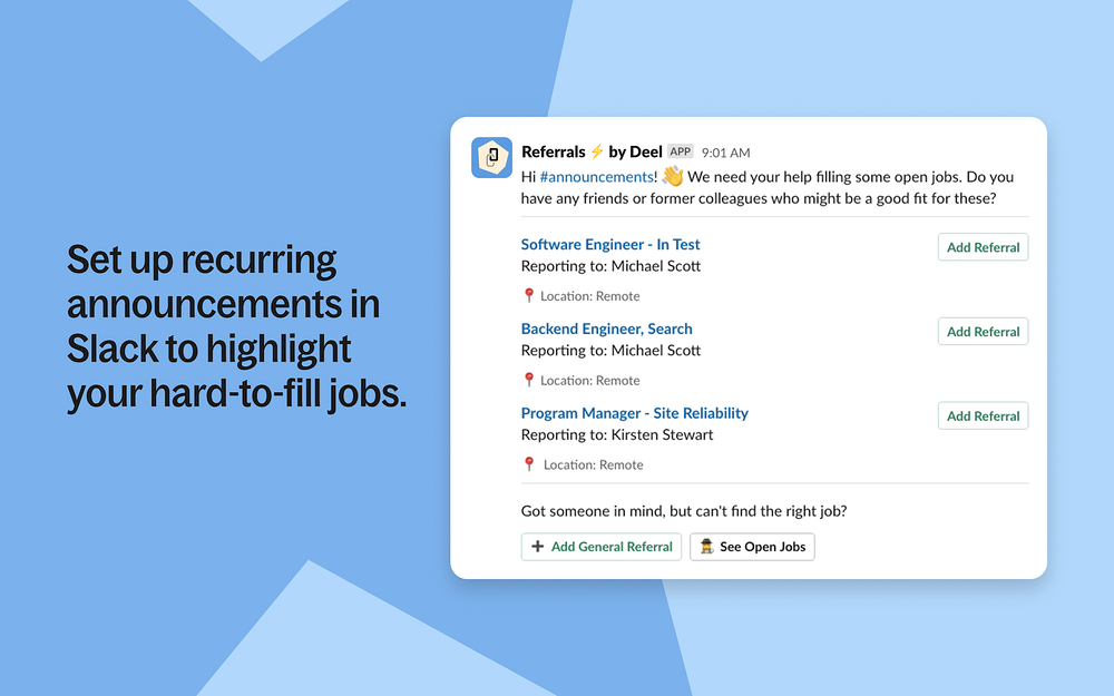 Referrals ⚡ by Deel feature detail — HR & Team Culture app on the Slack Marketplace