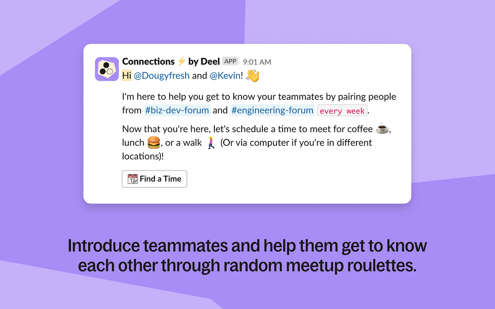 Connections ⚡ by Deel primary marketing image — Working from home app on the Slack Marketplace