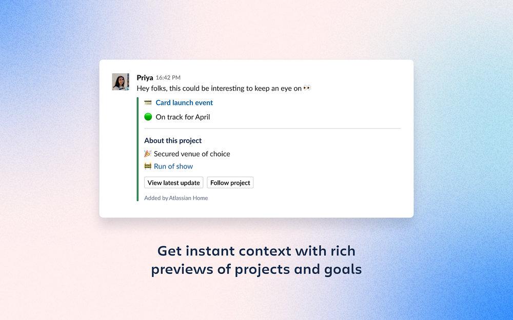 Atlassian Home dashboard view — Project Management app on the Slack Marketplace