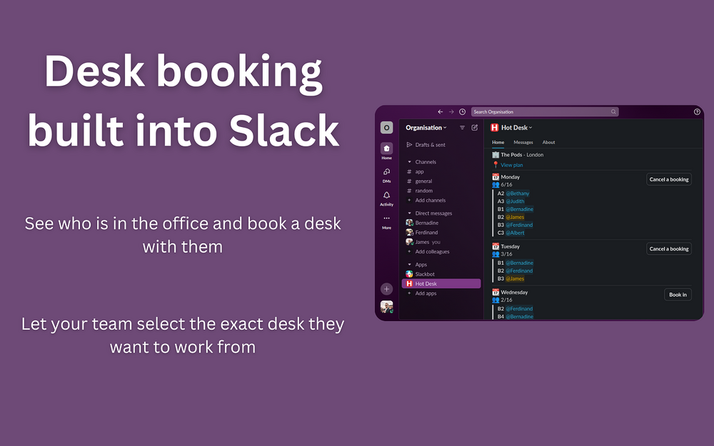 Hot Desk primary marketing image — Office Management app on the Slack Marketplace