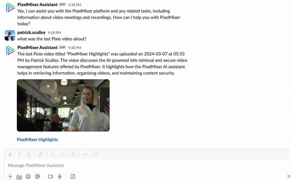 PixelMixer Assistant dashboard view — Voice & Video app on the Slack Marketplace