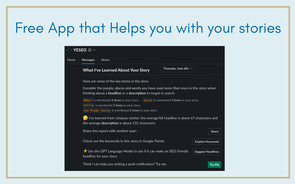 YESEO dashboard view — Media & News app on the Slack Marketplace
