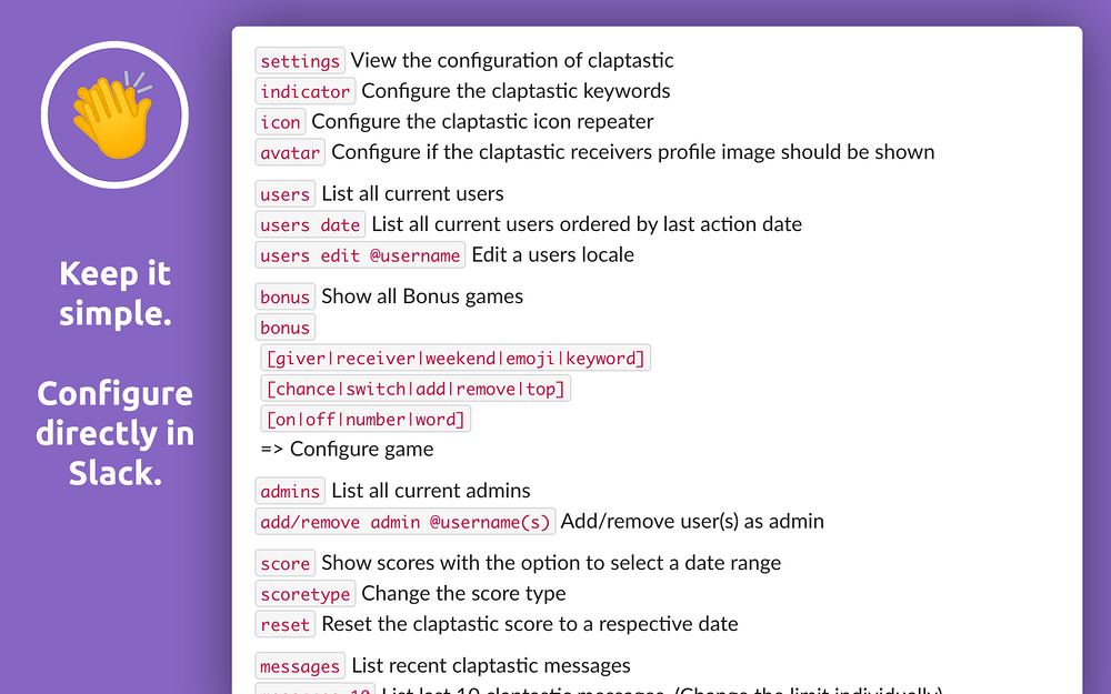 claptastic dashboard view — Social & Fun app on the Slack Marketplace