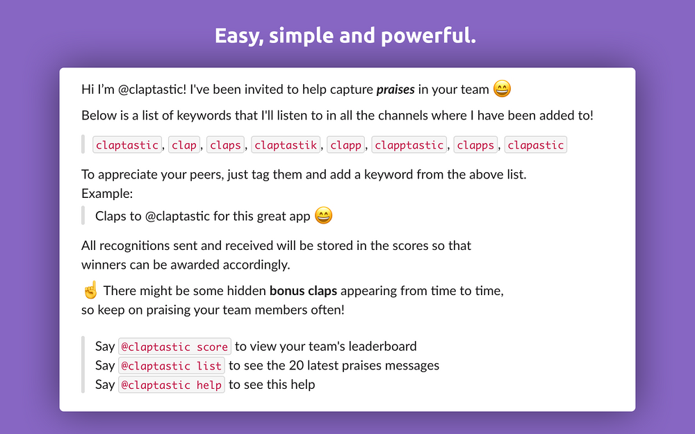 claptastic feature detail — Social & Fun app on the Slack Marketplace