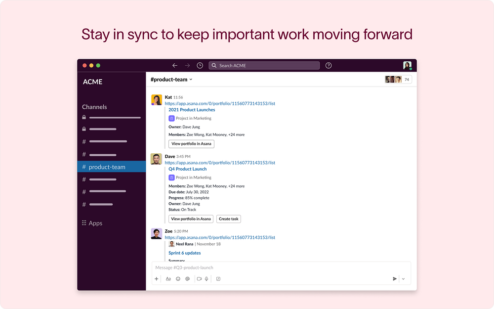 Asana dashboard view — AI Apps & Assistants app on the Slack Marketplace