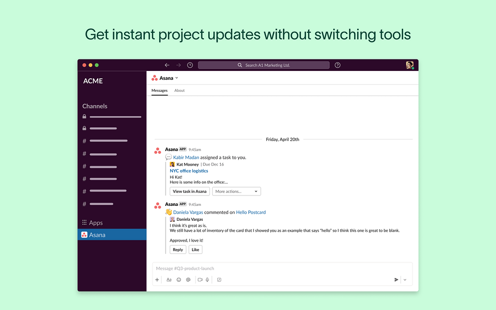 Asana feature detail — AI Apps & Assistants app on the Slack Marketplace