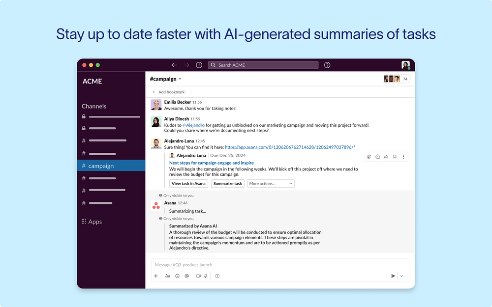 Asana settings interface — AI Apps & Assistants app on the Slack Marketplace