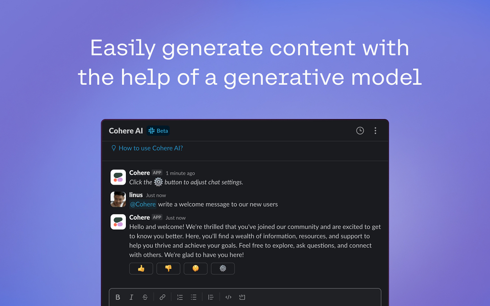 Cohere AI dashboard view — AI Apps & Assistants app on the Slack Marketplace