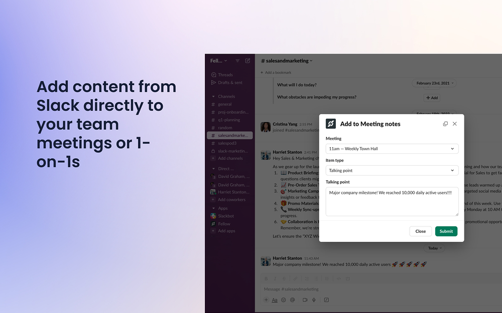 Fellow dashboard view — Voice & Video app on the Slack Marketplace